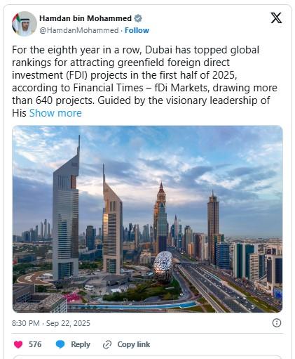 配资坊股票配资网址 迪拜绿地FDI遥遥领先 上半年项目数创全球城市最高纪录